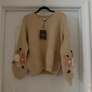 Jnna Penelope V Neck Crochet Sleeve Sweater - L